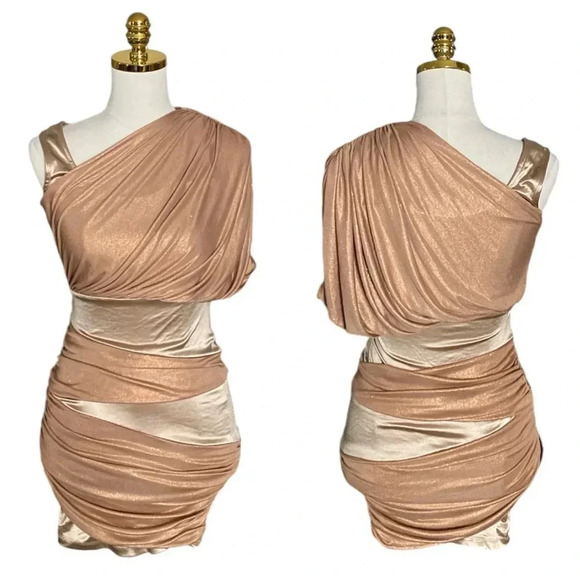 BEBE | Gold Metallic Colorblock Asymmetric Ruched Cocktail Mini Dress Size XS - Picture 5 of 9